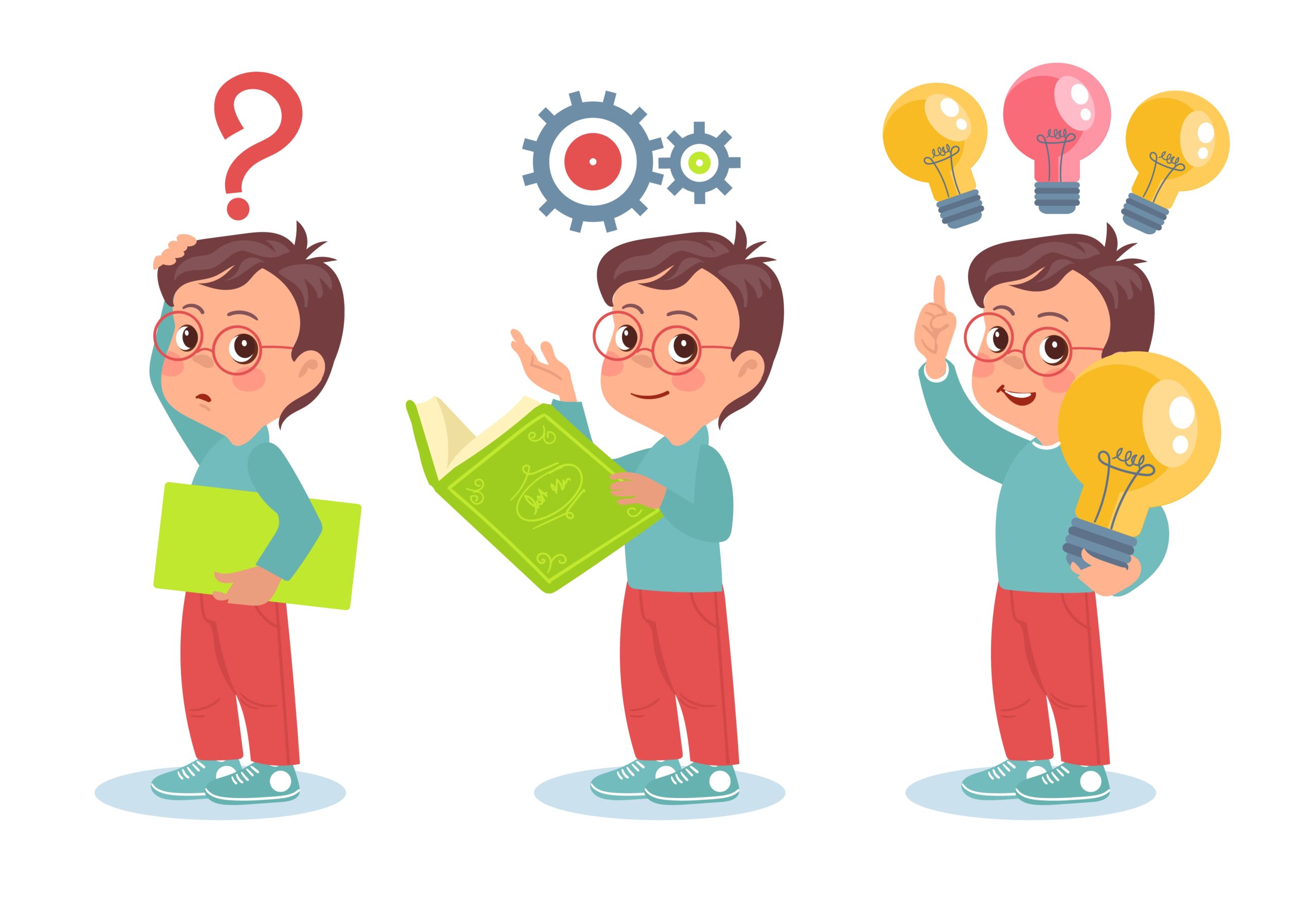 Kid searches idea. Thinking process. Smart boy with book in different states. Confusing child. Teenager finding solution. Innovation lamp. Brainstorming progress. Splendid vector concept